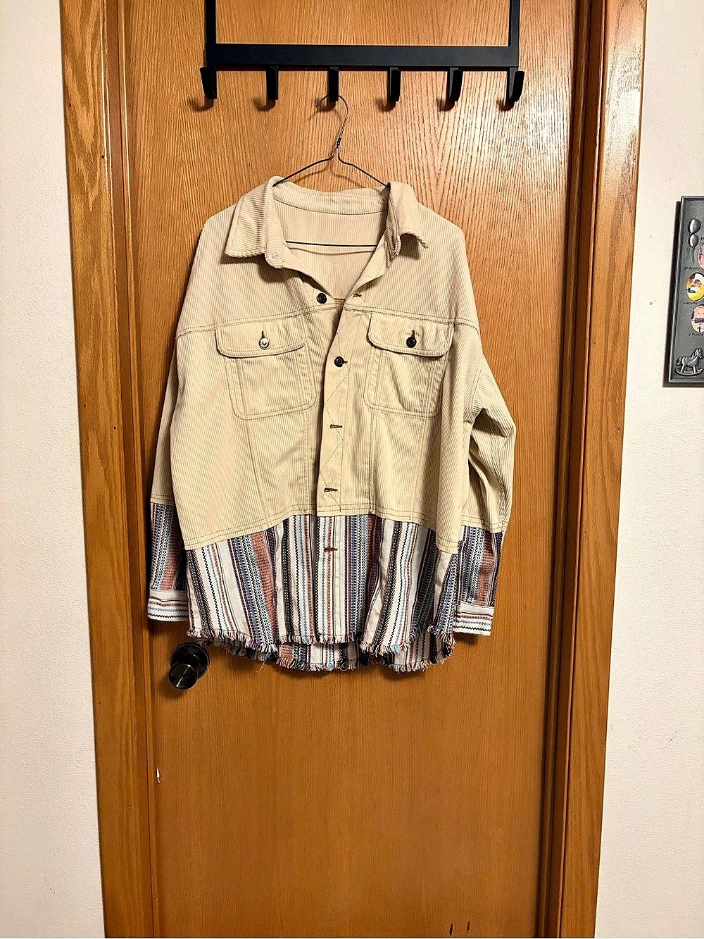 Striped Fringed Jacket in Beige & Blue Size XL